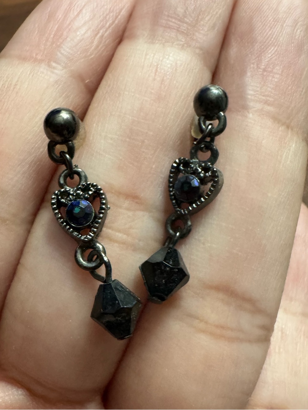Gothic Style Gunmetal Toned Heart Crystal/Bead Dangle Post Earrings